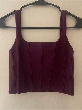 All row small Square Neck Ribbed Crop Tank Top Plum deep wine